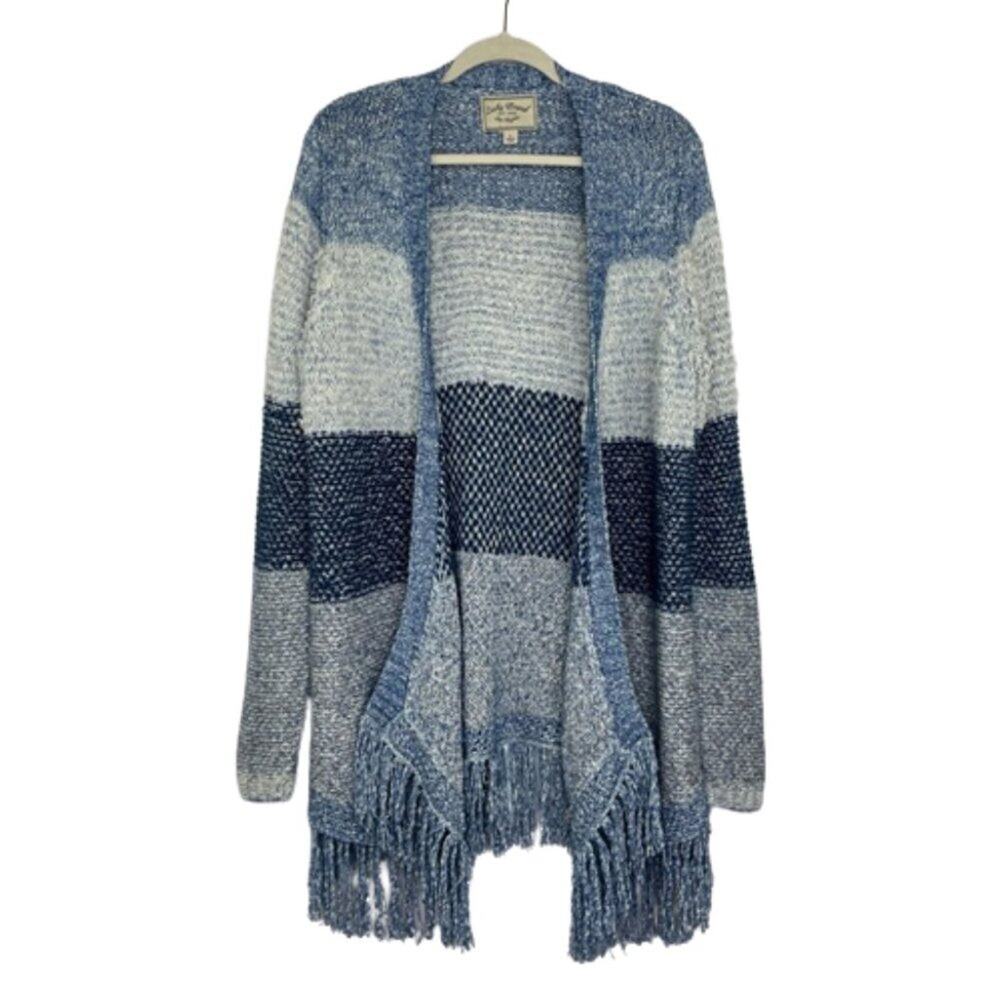 Lucky Brand blue/light blue stripes cardigan bottom fringe size Large